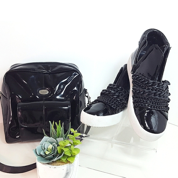 Toledano🖤Square Shape Backpack Bag Black Faux Patent Leathe - Picture 10 of 12